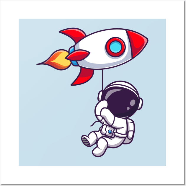 Cute Astronaut Floating With Rocket Balloon Wall Art by Catalyst Labs